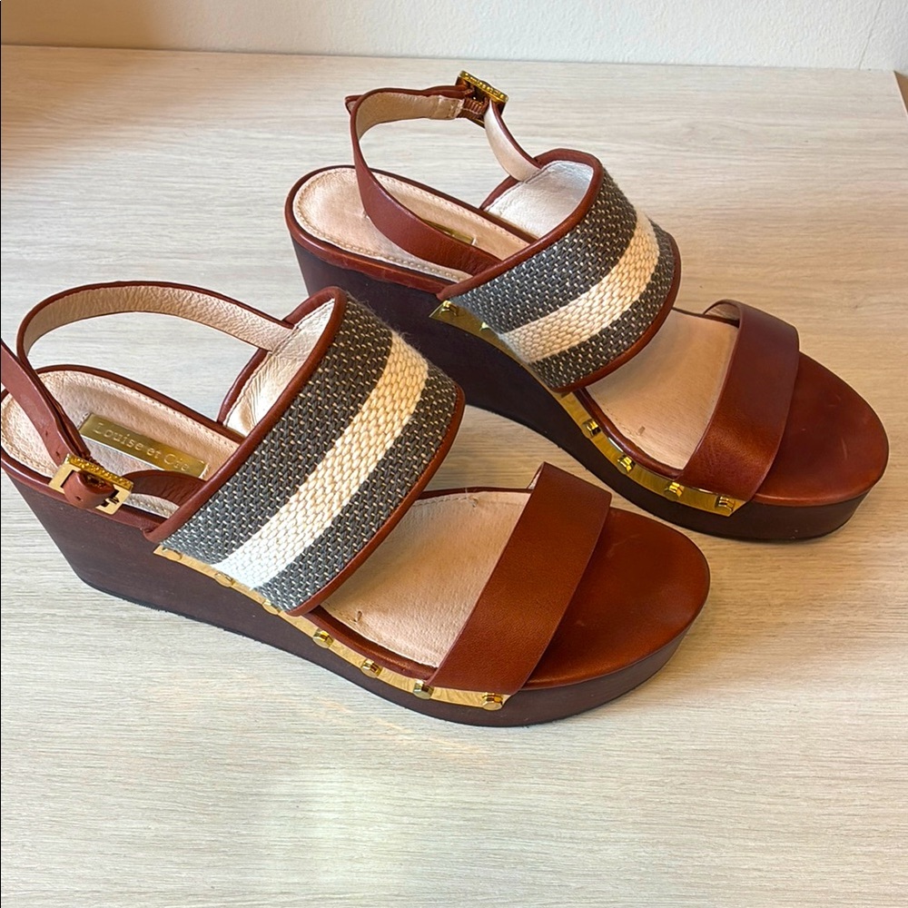 LOUISE ET CIE Brown and Cream Wedge Sandals with Stylish Design SIZE 9.5